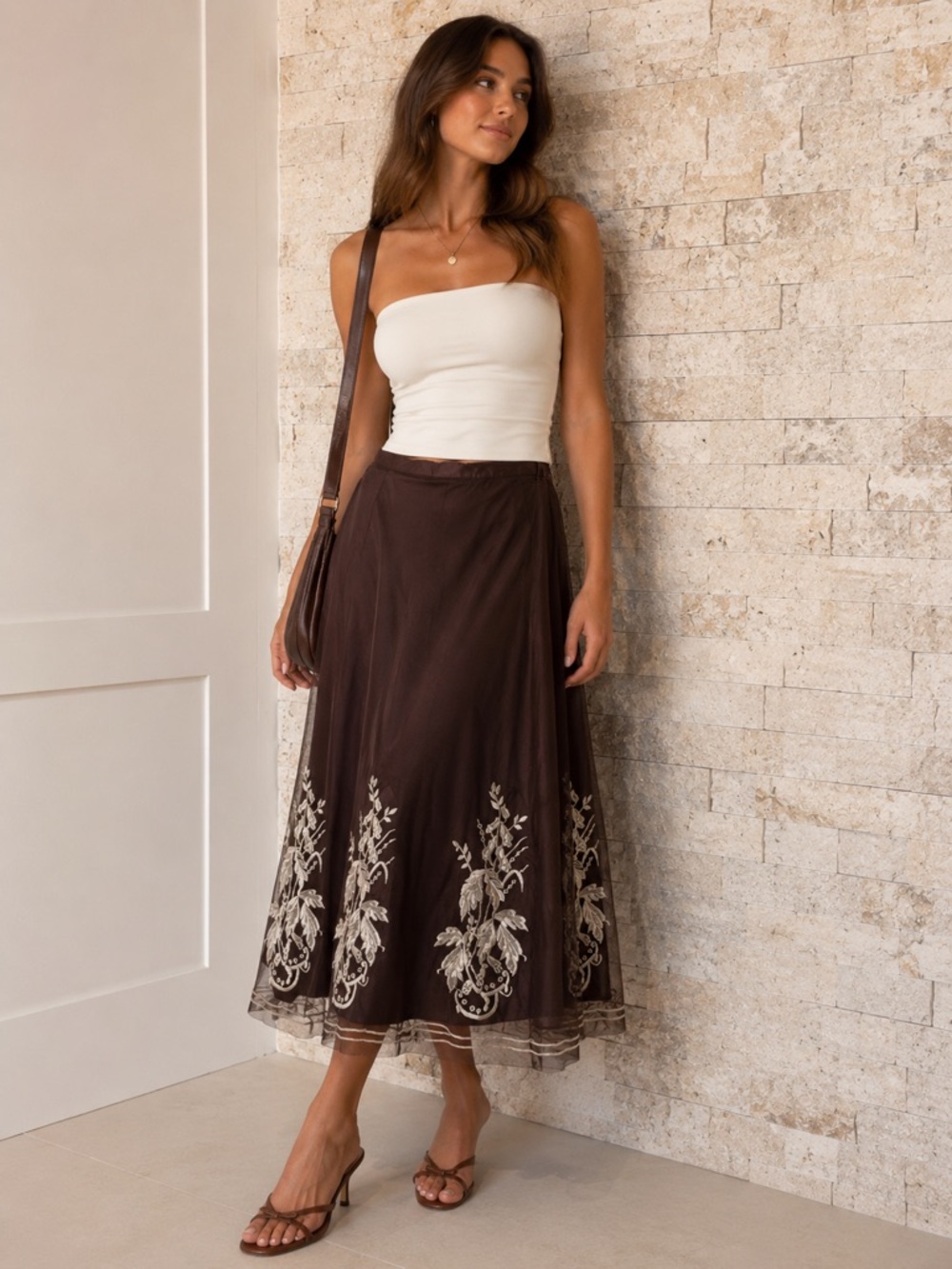 Brown Embroidered A-Line Skirt size 10
